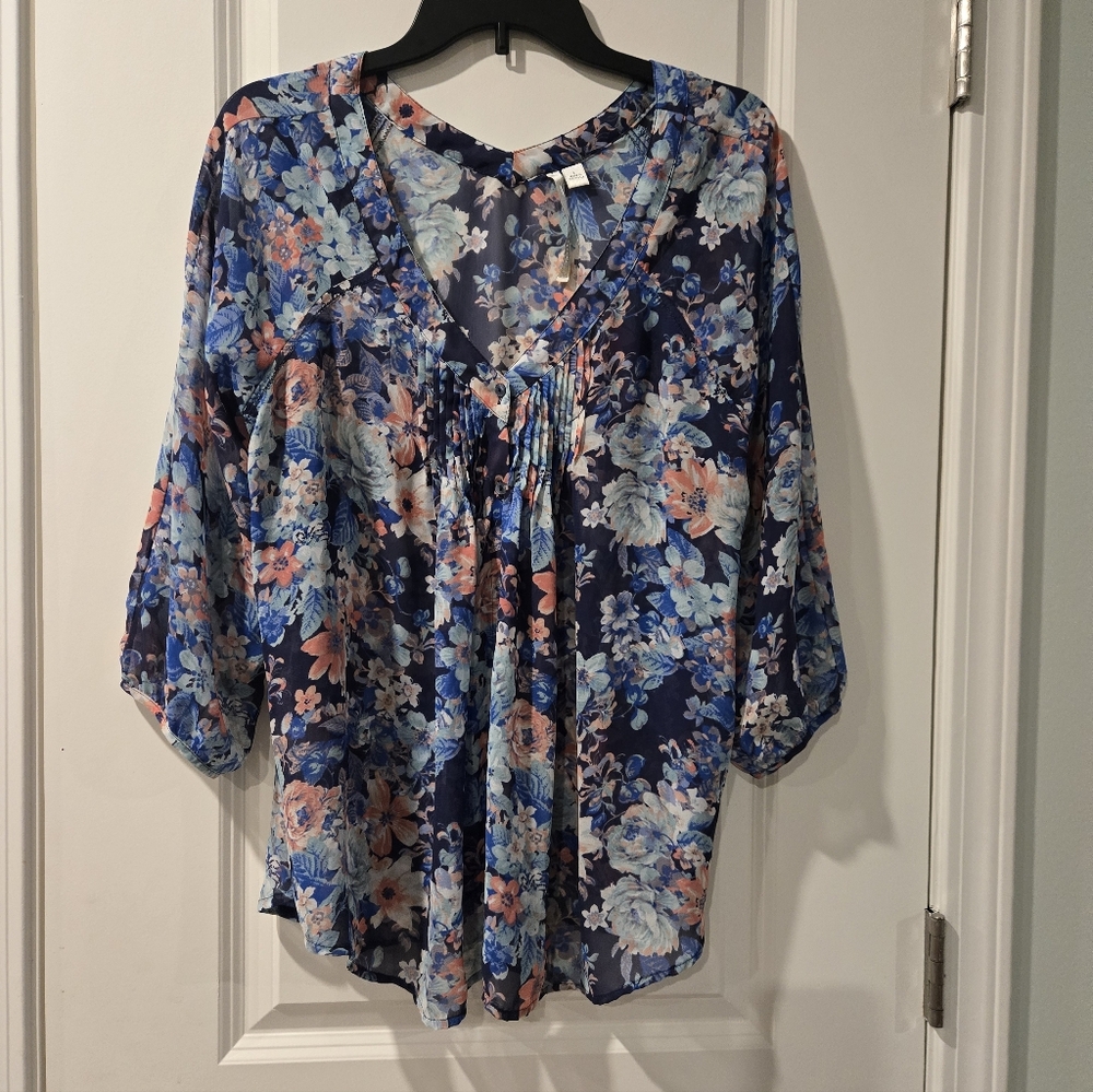 Lauren Conrad Floral Navy Blue Women's Top Size Large